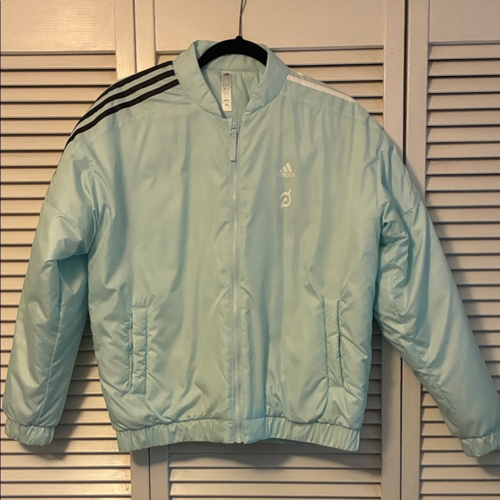 adidas and Peloton collab- Light Blue Bomber Jacket with Black Stripes